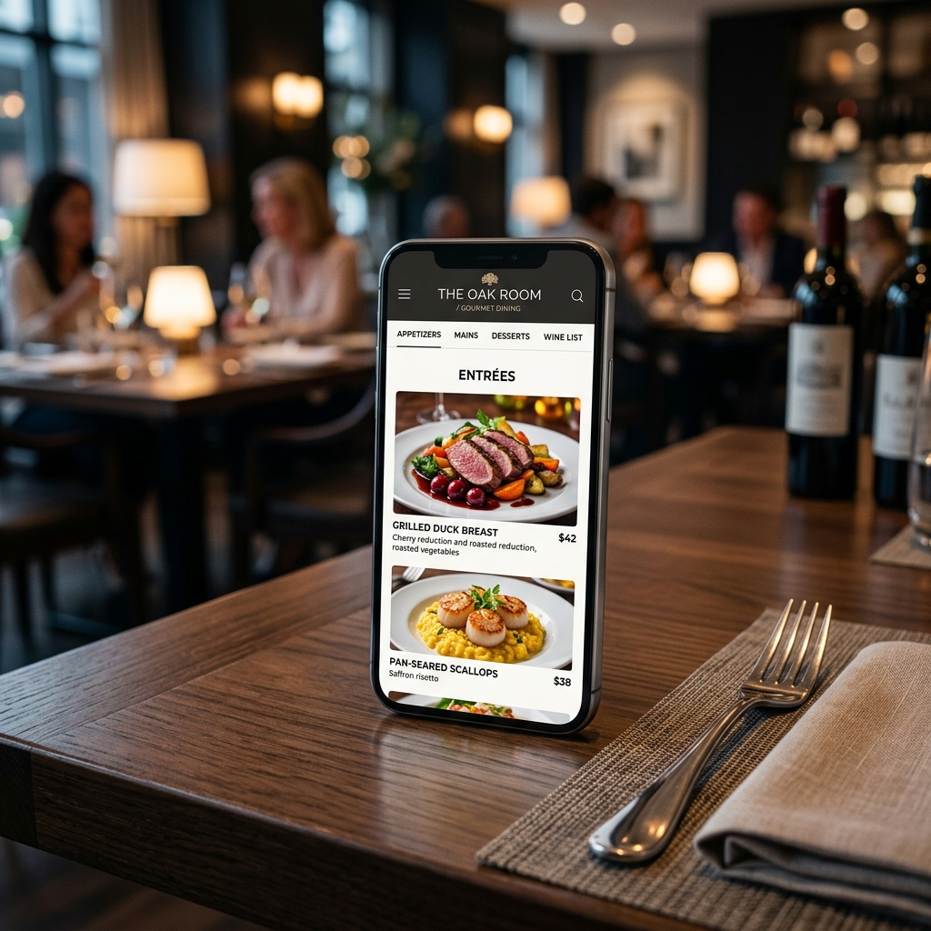 Smartphone demonstrando o cardápio premium do Menu Digital